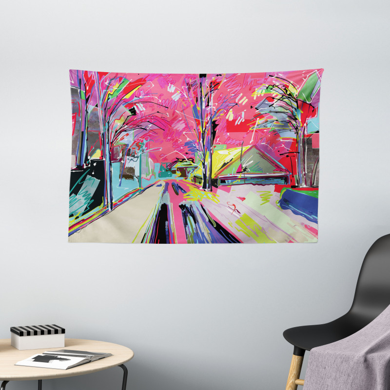 Funky Streets Sketch Trees Wide Tapestry