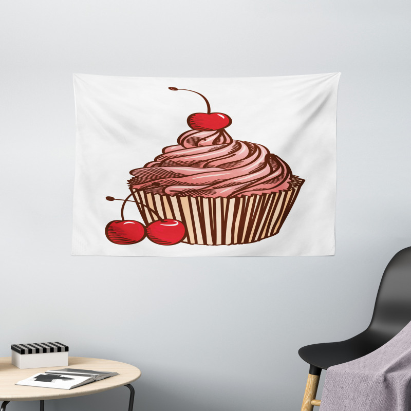 Delicious Cake with Cherry Wide Tapestry