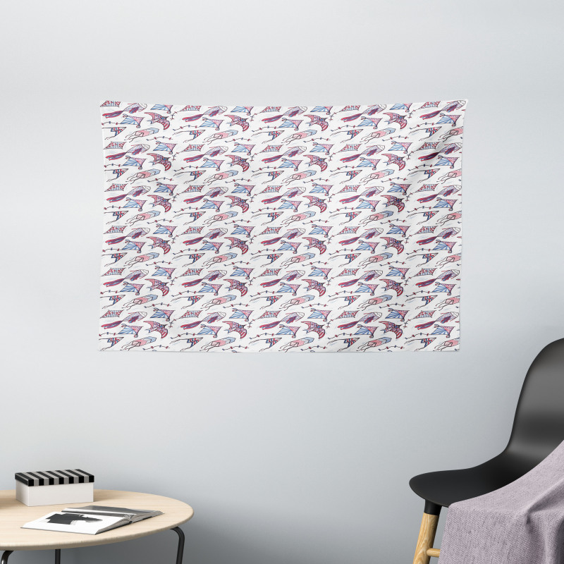 Fish Bird and Rhombus Shapes Wide Tapestry