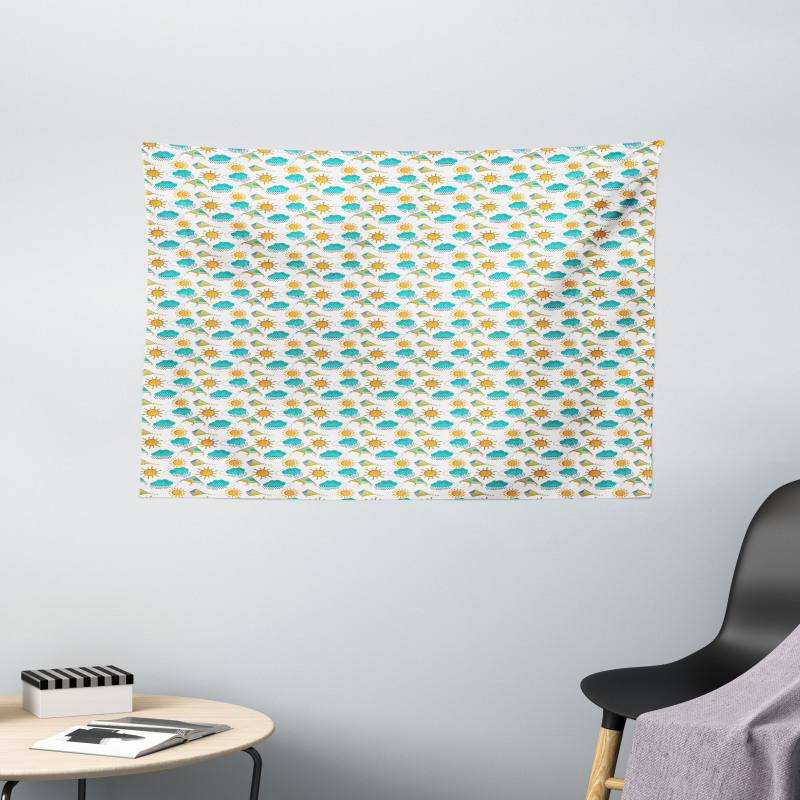 Sun and Clouds with Outlines Wide Tapestry