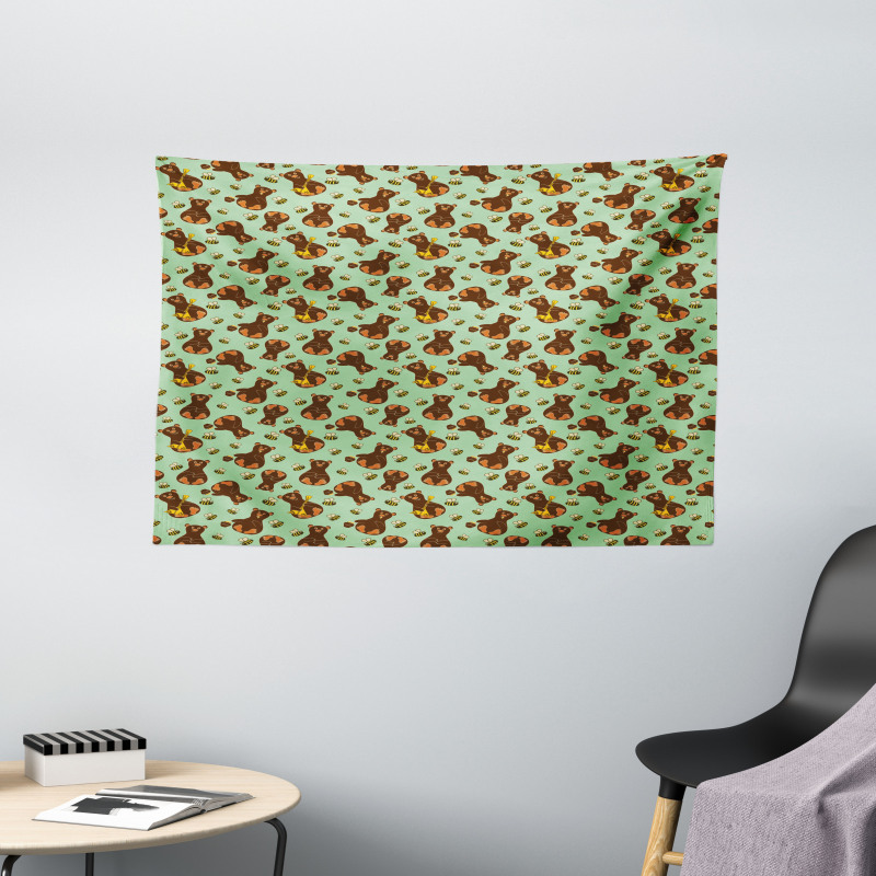 Cartoon Bees and Bears Honey Wide Tapestry