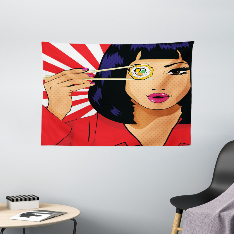 Pop Art Style Girl with Sushi Wide Tapestry