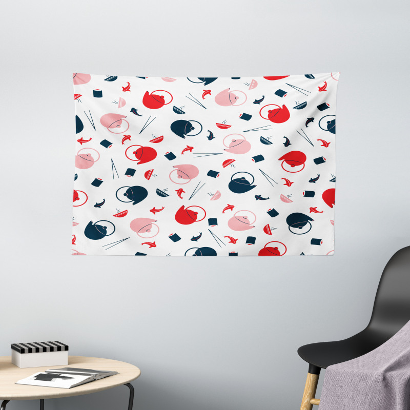 Teapots Salmon Chopsticks Wide Tapestry