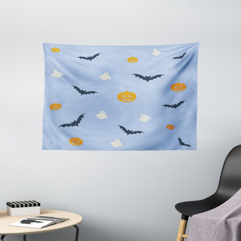 Pumpkins and the Flying Bats Wide Tapestry