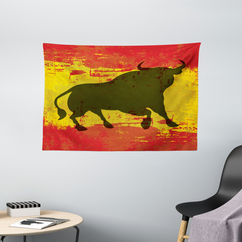 Bull Silhouette on Flag Wide Tapestry