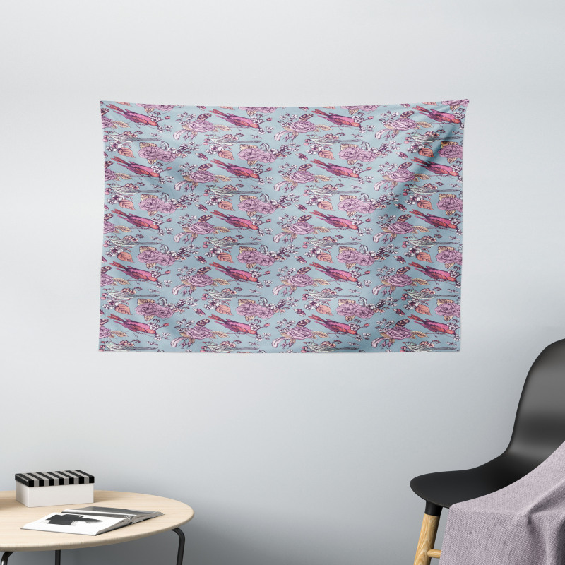 Perching Birds and Flowers Wide Tapestry