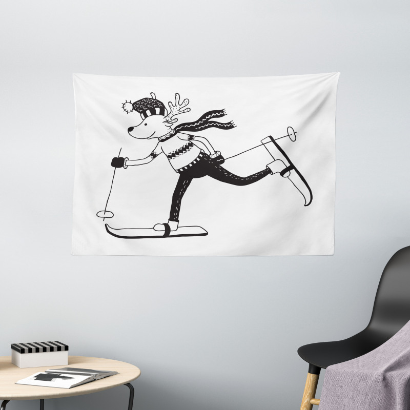 Skiing Funny Reindeer Wide Tapestry