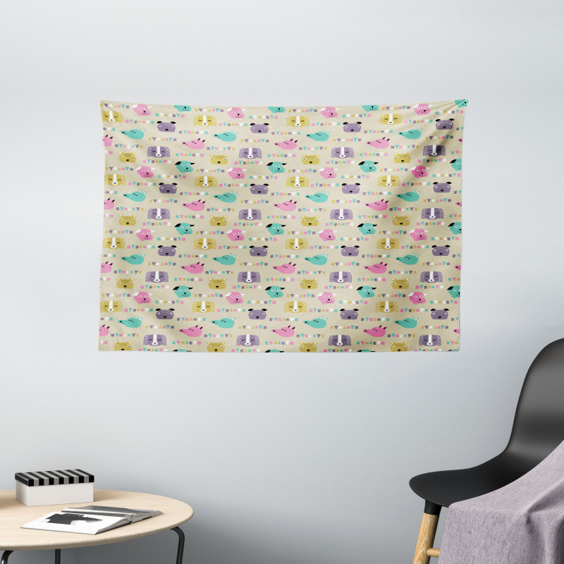 Cartoon Style Animal Faces Wide Tapestry