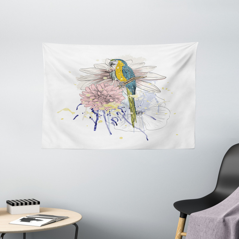 Parrot on Flower Bouquet Wide Tapestry