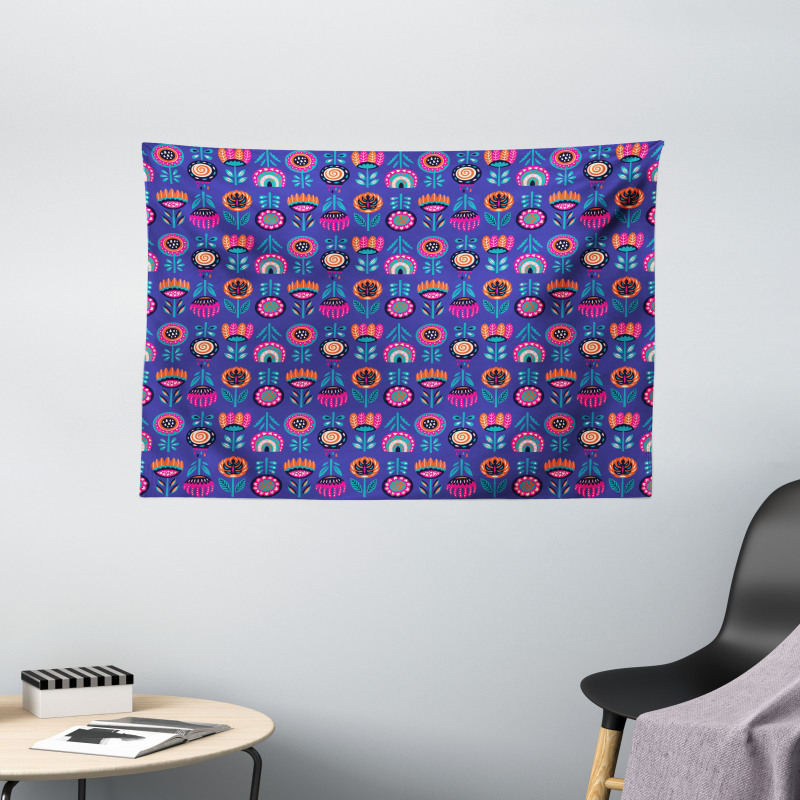 Boho Style Vibrant Blossoms Wide Tapestry