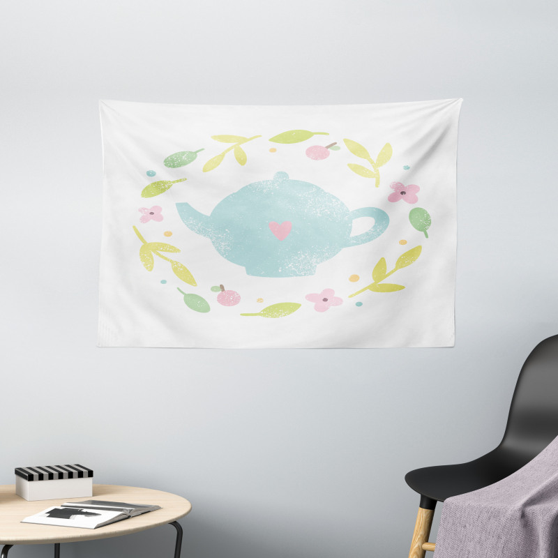 Grungy Teapot Floral Wreath Wide Tapestry