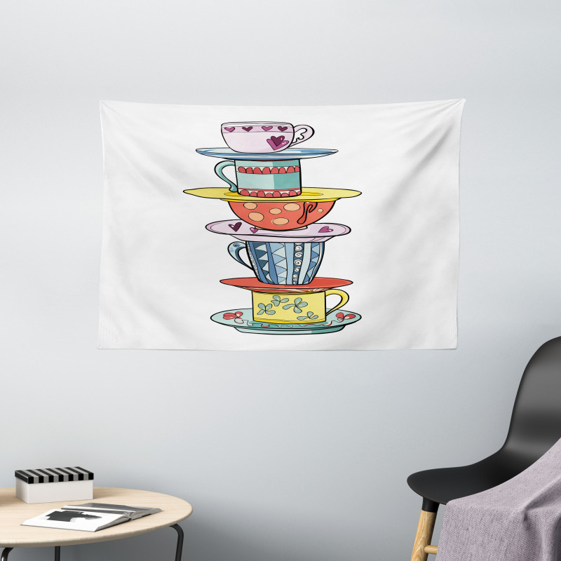 Hand Drawn Art Colorful Cups Wide Tapestry