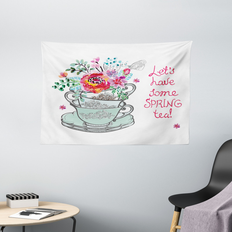 Lets Have Some Spring Tea Text Wide Tapestry