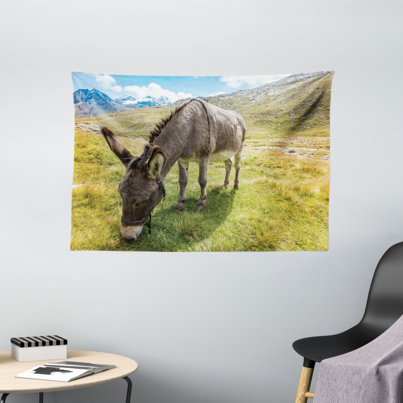 Donkey Eating Grass Mountain Wide Tapestry