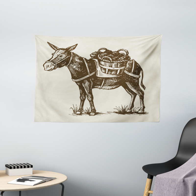 Vintage Animal with Baskets Wide Tapestry
