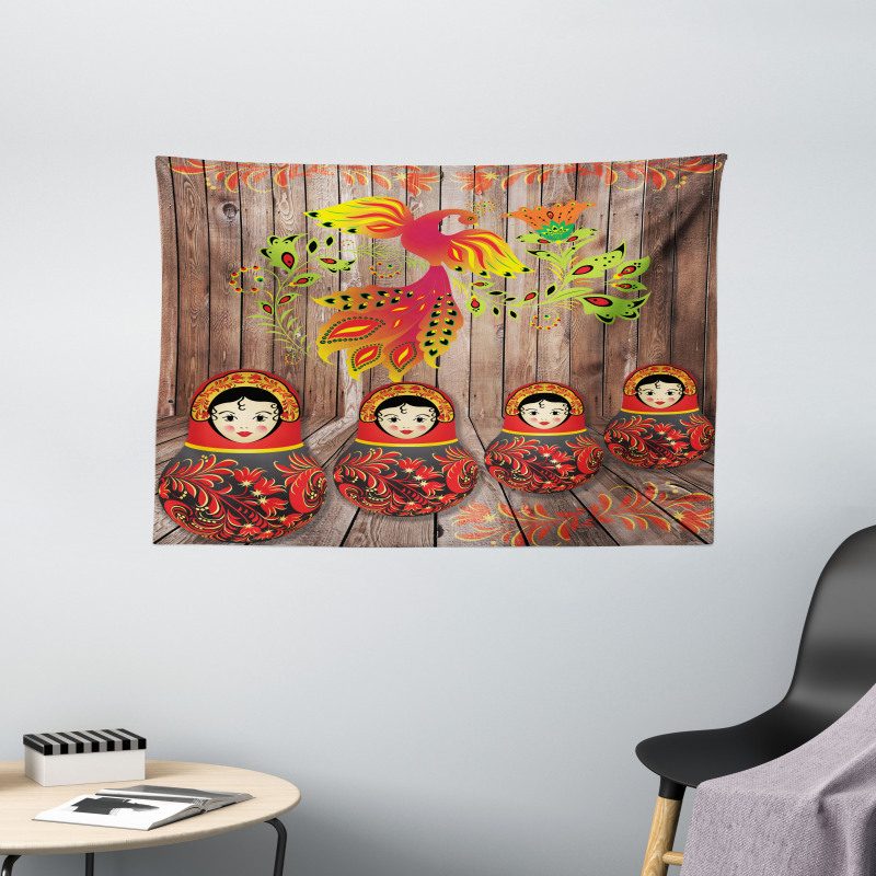 Folkloric Russian Dolls Wide Tapestry