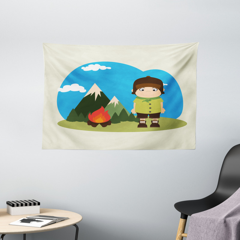 Kid Campfire on Mountains Wide Tapestry