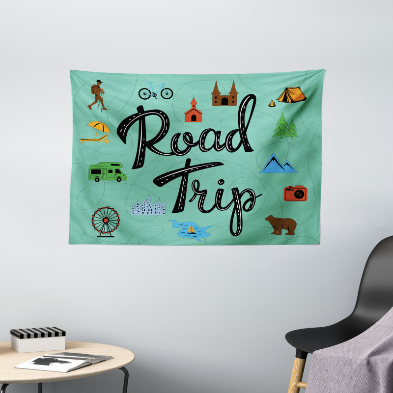 Road Trip Calligraphy with Map Wide Tapestry