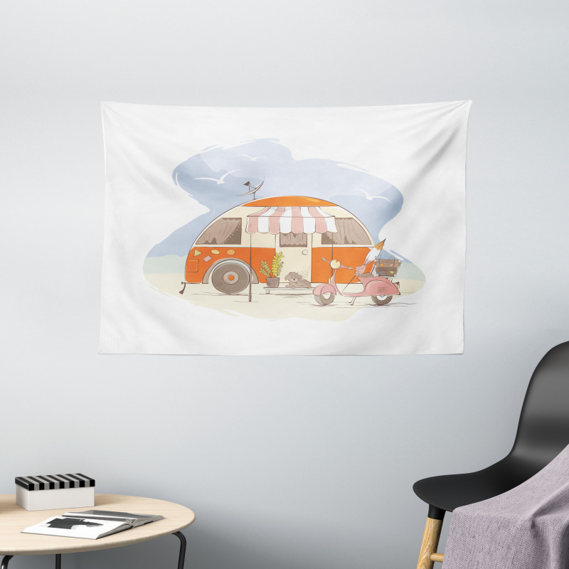 Parked Truck Puppy and Motorbike Wide Tapestry