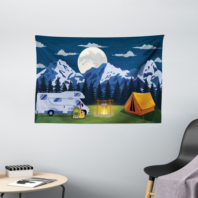 Camping in the Woods at Night Wide Tapestry