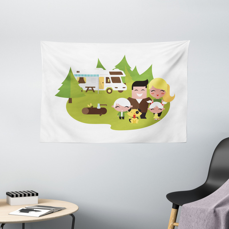 Happy Camper Family in Woods Wide Tapestry