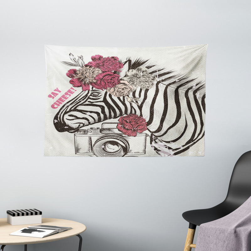 Zebra Head Say Cheese Words Wide Tapestry