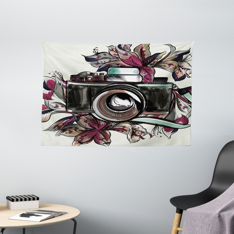 Watercolor Exotic Blooms Wide Tapestry