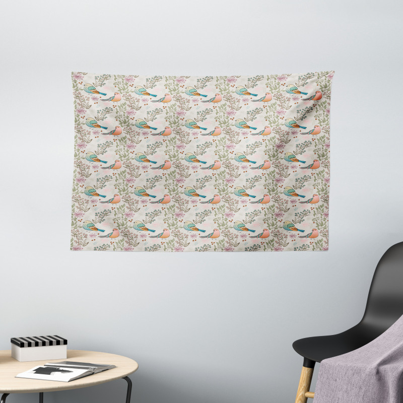 Birds and Flowering Branches Wide Tapestry