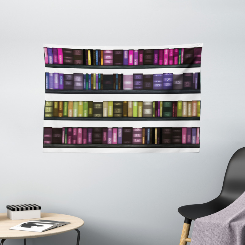 Colorful Books on Shelves Wide Tapestry