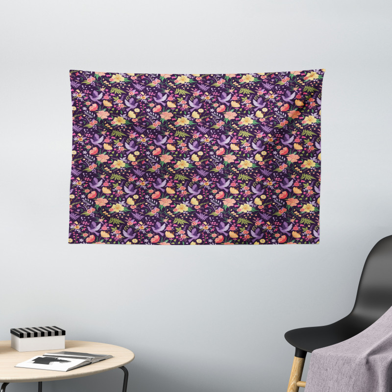 Birds and Colorful Flowers Wide Tapestry