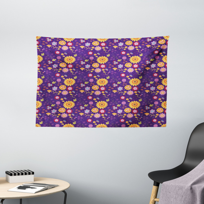 Cartoon Style Flower Blossom Wide Tapestry