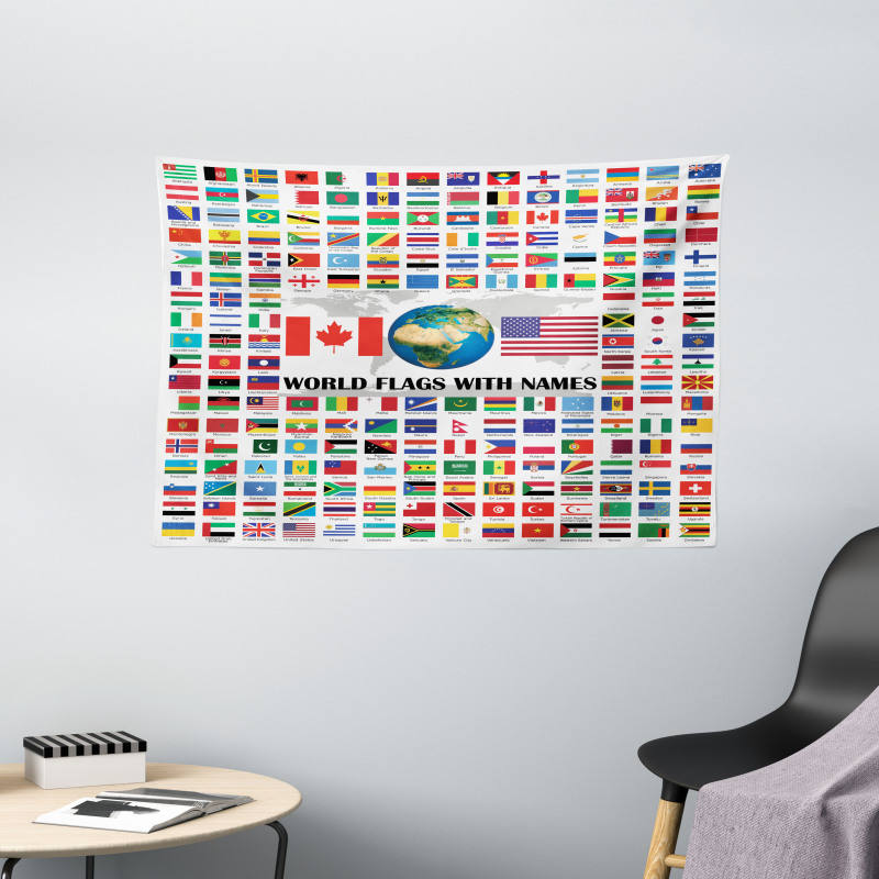 World Flags with Names Wide Tapestry
