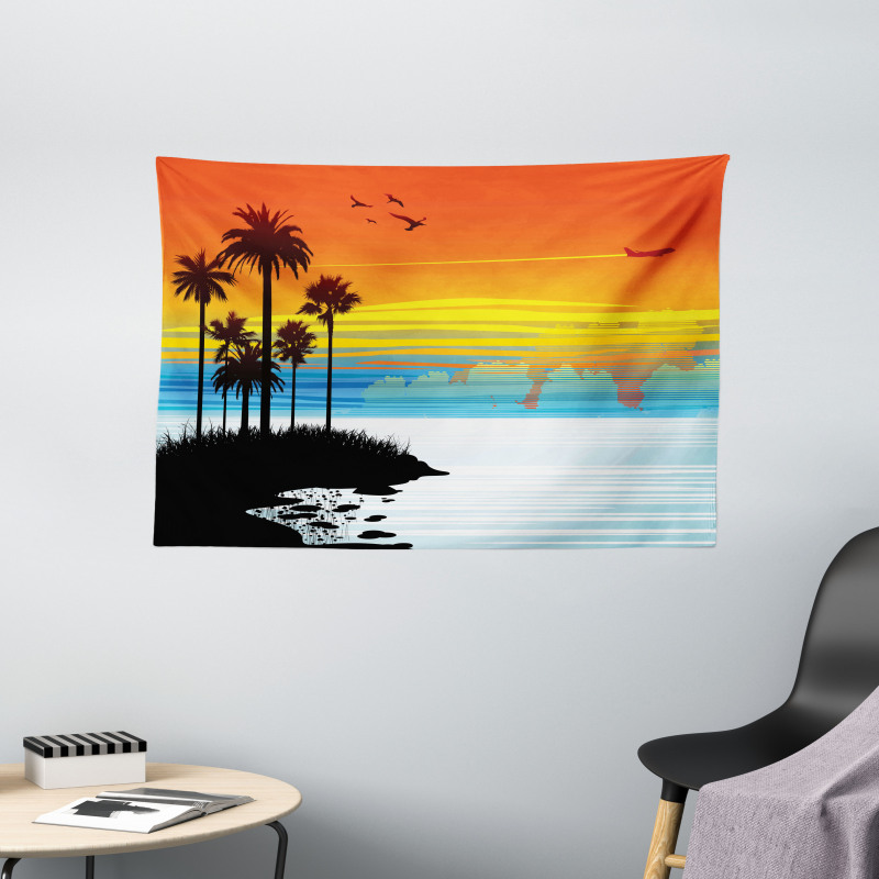 Sunset Sky with Seagulls Wide Tapestry