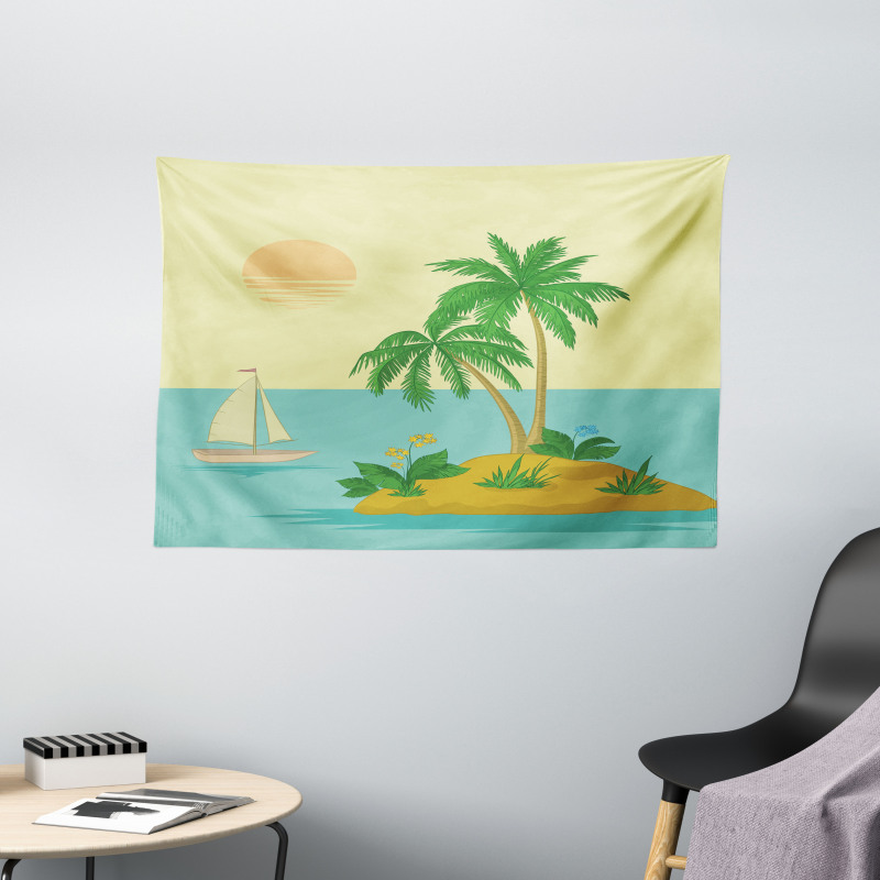 Tropical Palm Tree and Boat Wide Tapestry