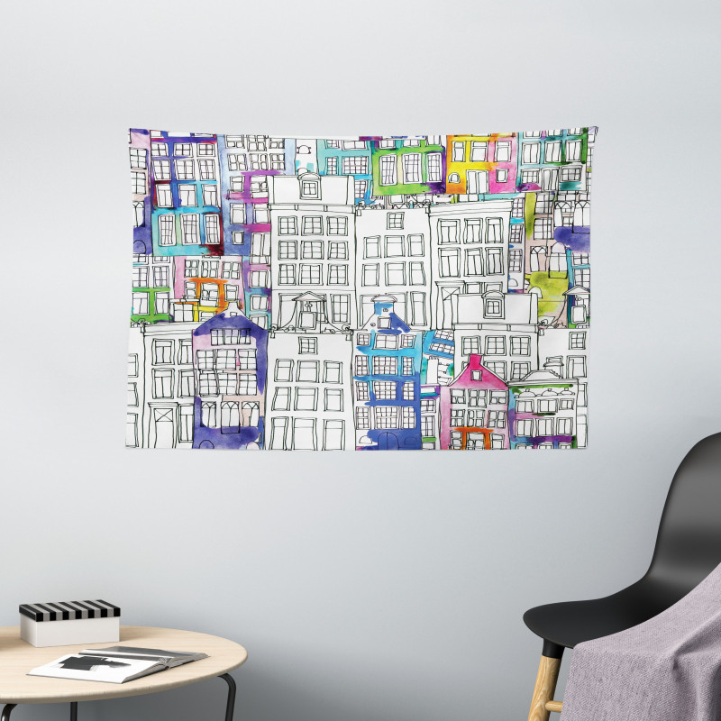 Watercolor Sketch Houses Wide Tapestry