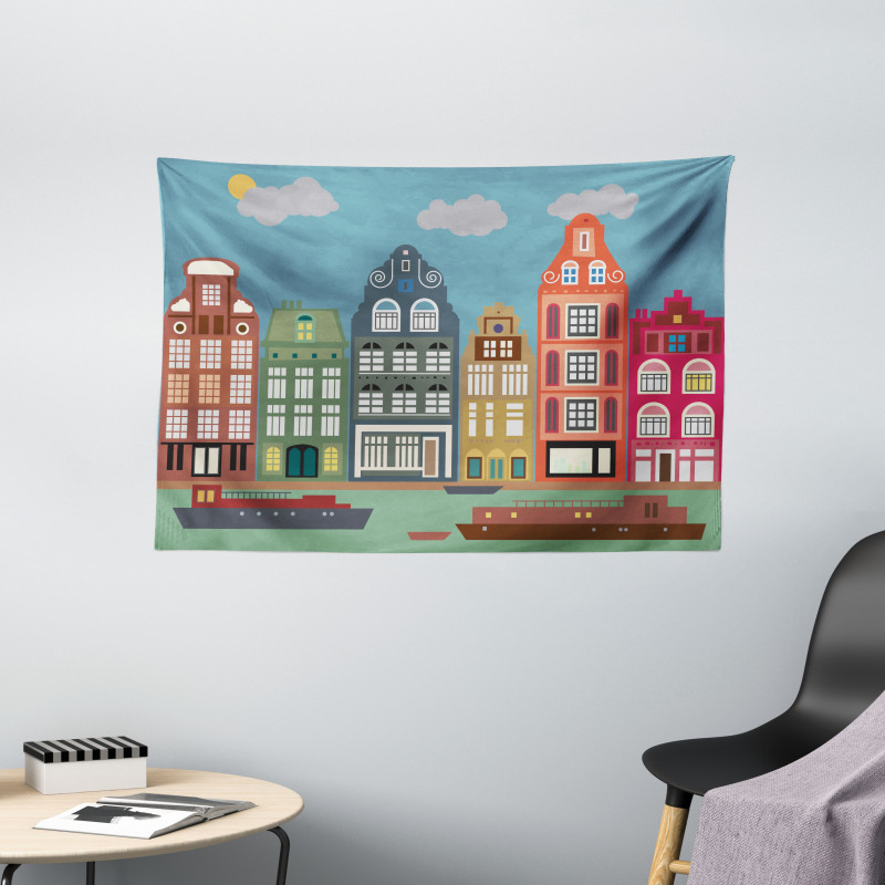 European Houses and Ships Wide Tapestry