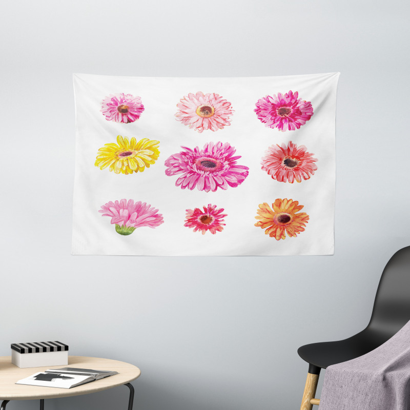 Pink Yellow Flowers Wide Tapestry