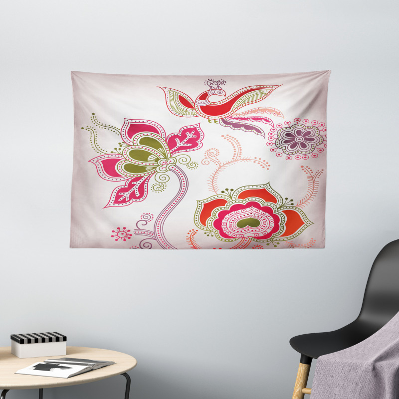 Mystic Bird Eastern Floral Wide Tapestry