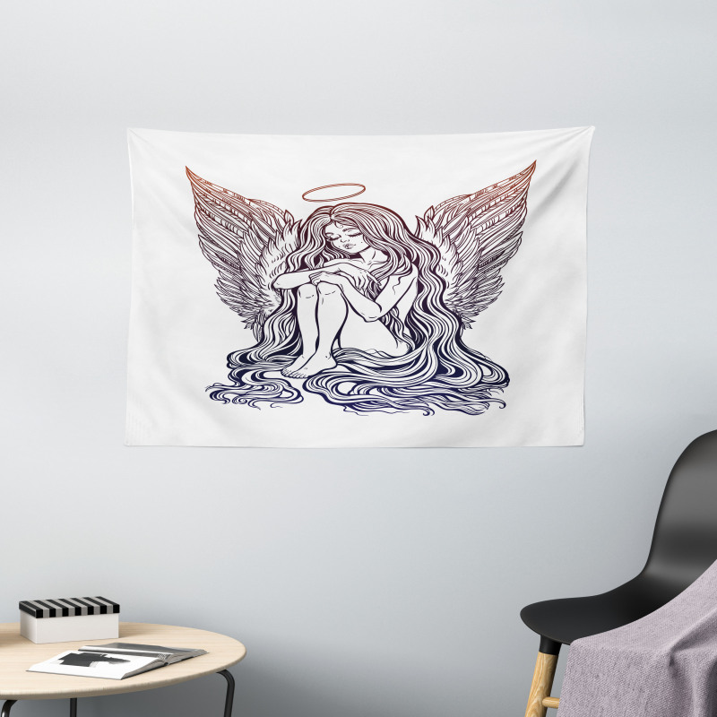 Long Hair Girl and Halo Wide Tapestry