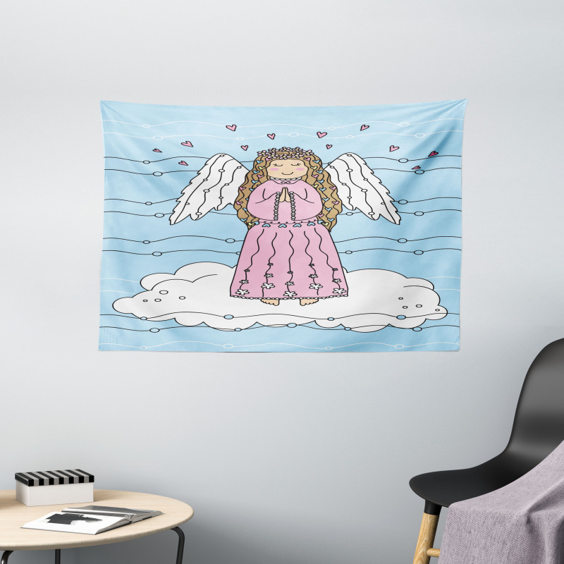 Doodle Girl on Cloud Wide Tapestry