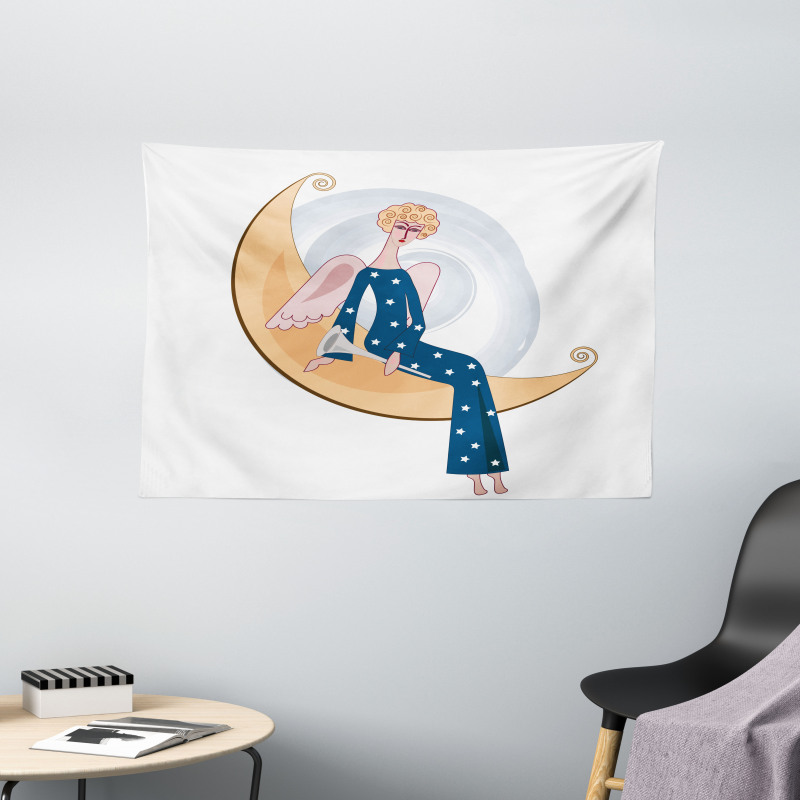 Girl with Trumpet Moon Wide Tapestry