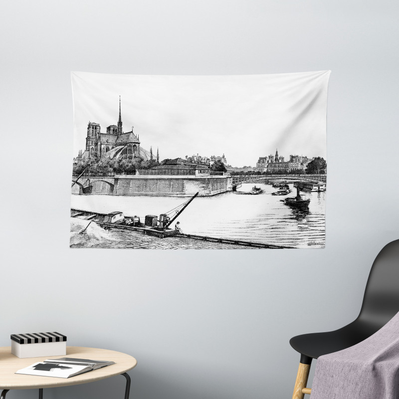 Antique Paris Sketch Art Wide Tapestry