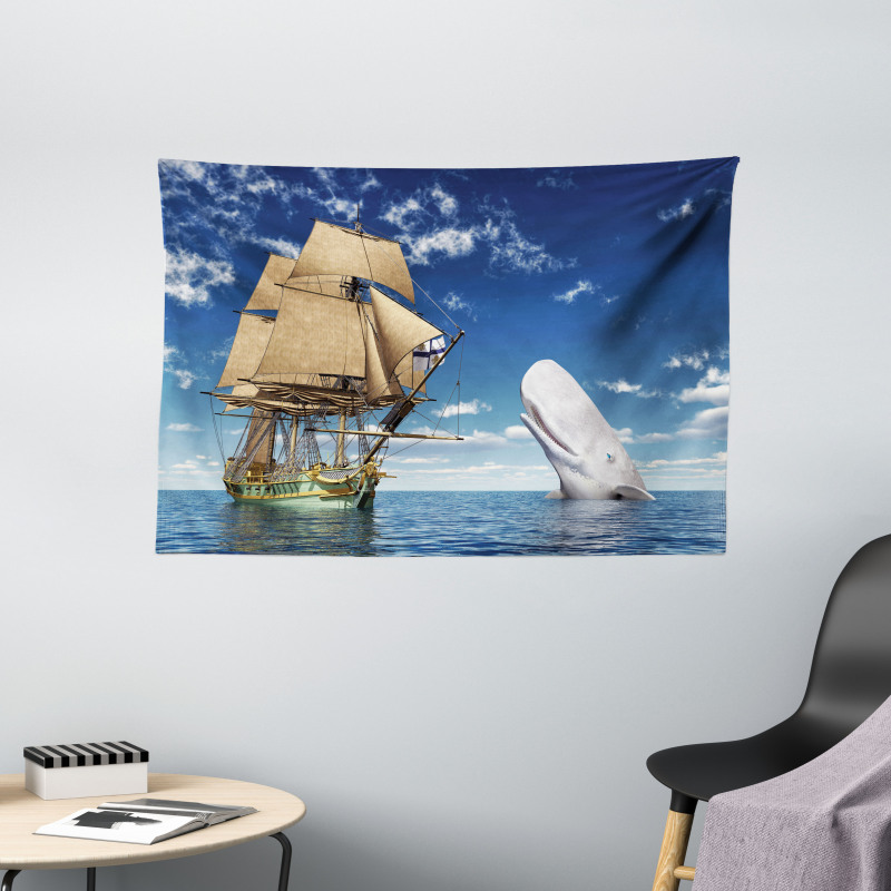 Pirate Ship and Mammal Fish Wide Tapestry