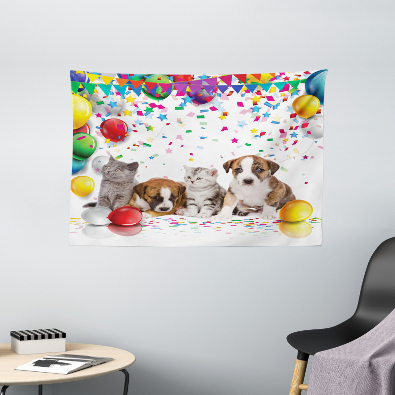 Cat and Dog Party Wide Tapestry