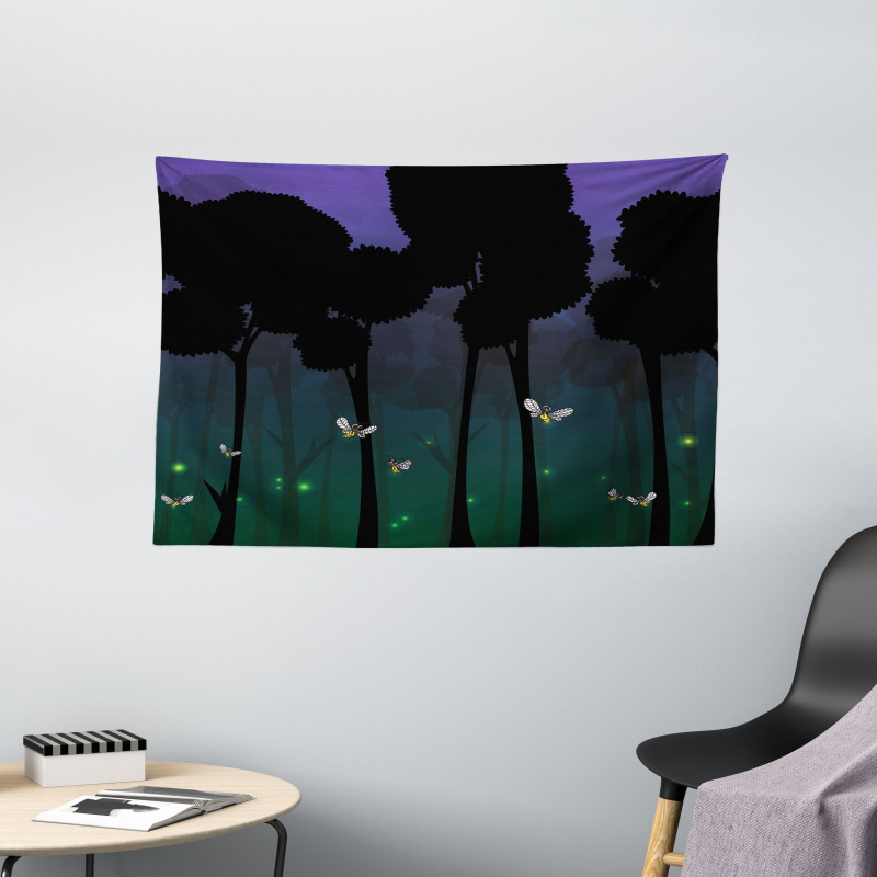 Woodland Night Cartoon Kids Wide Tapestry