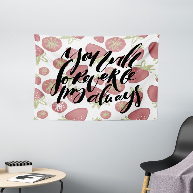 Strawberries Romantic Words Wide Tapestry