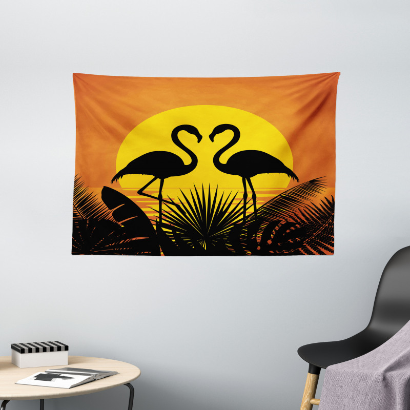 Sunset Flamingo Leaves Wide Tapestry