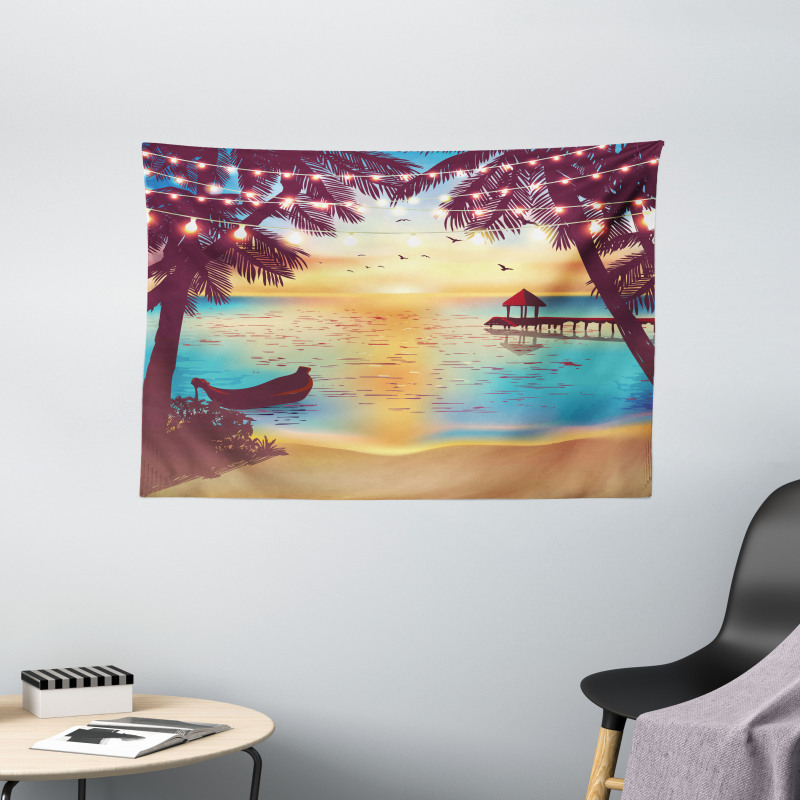 Calm Coast with Boat and Pier Wide Tapestry