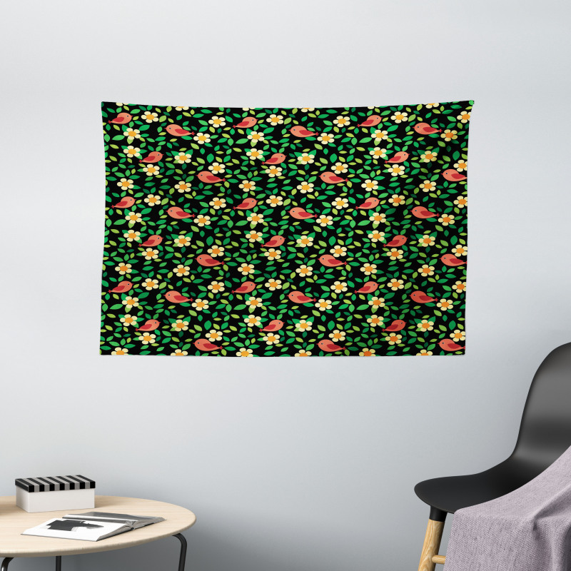 Petals Leaves and Tiny Birds Wide Tapestry
