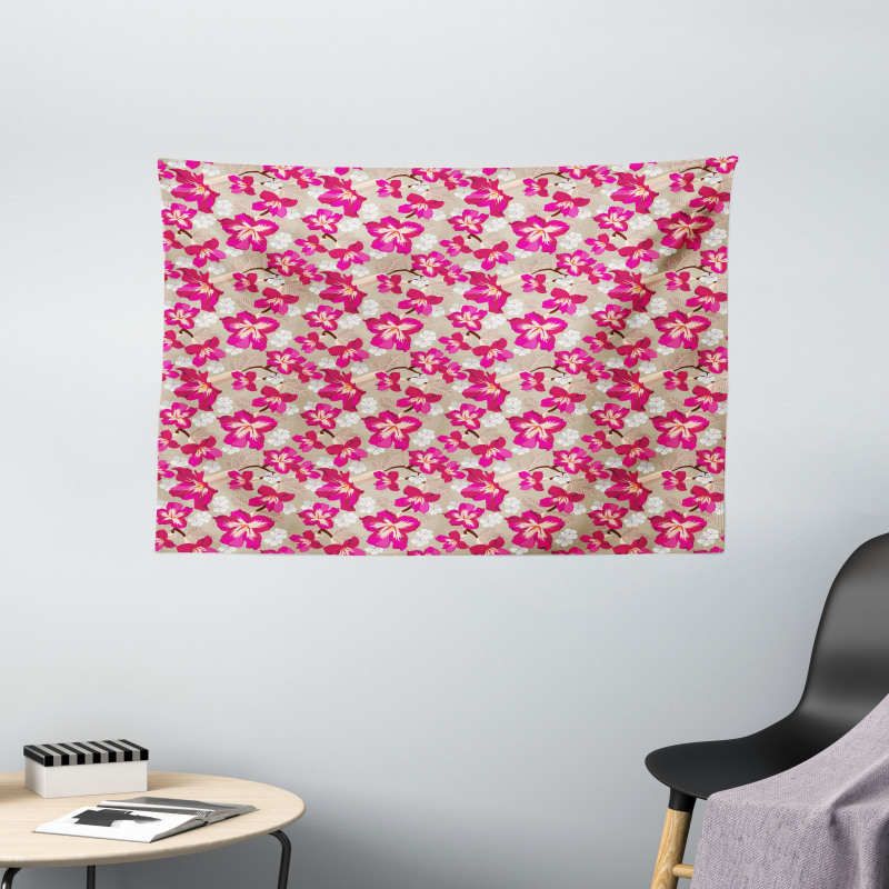 Nostalgic Hibiscus Flowers Wide Tapestry